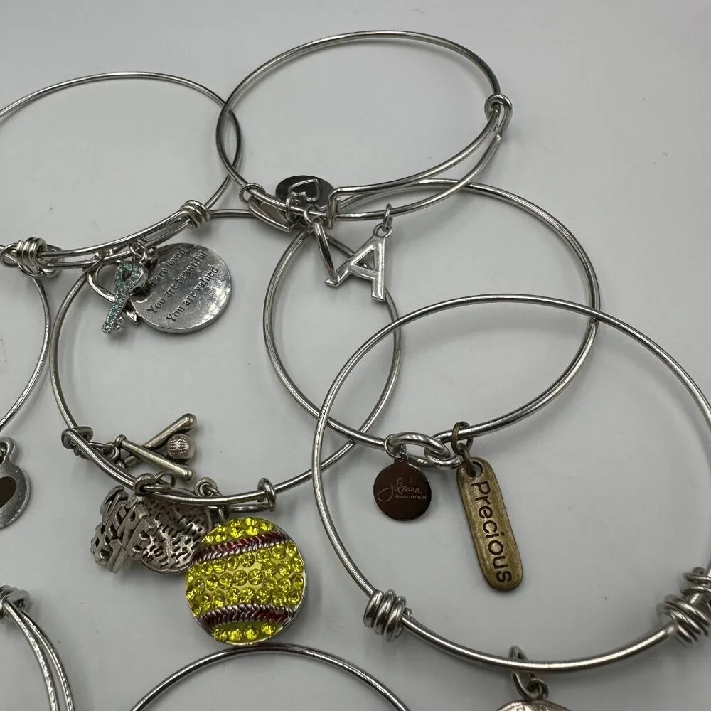 Expandable Wire Charm Bangle Bracelet Lot Silver Tone Inspirational Set of 8